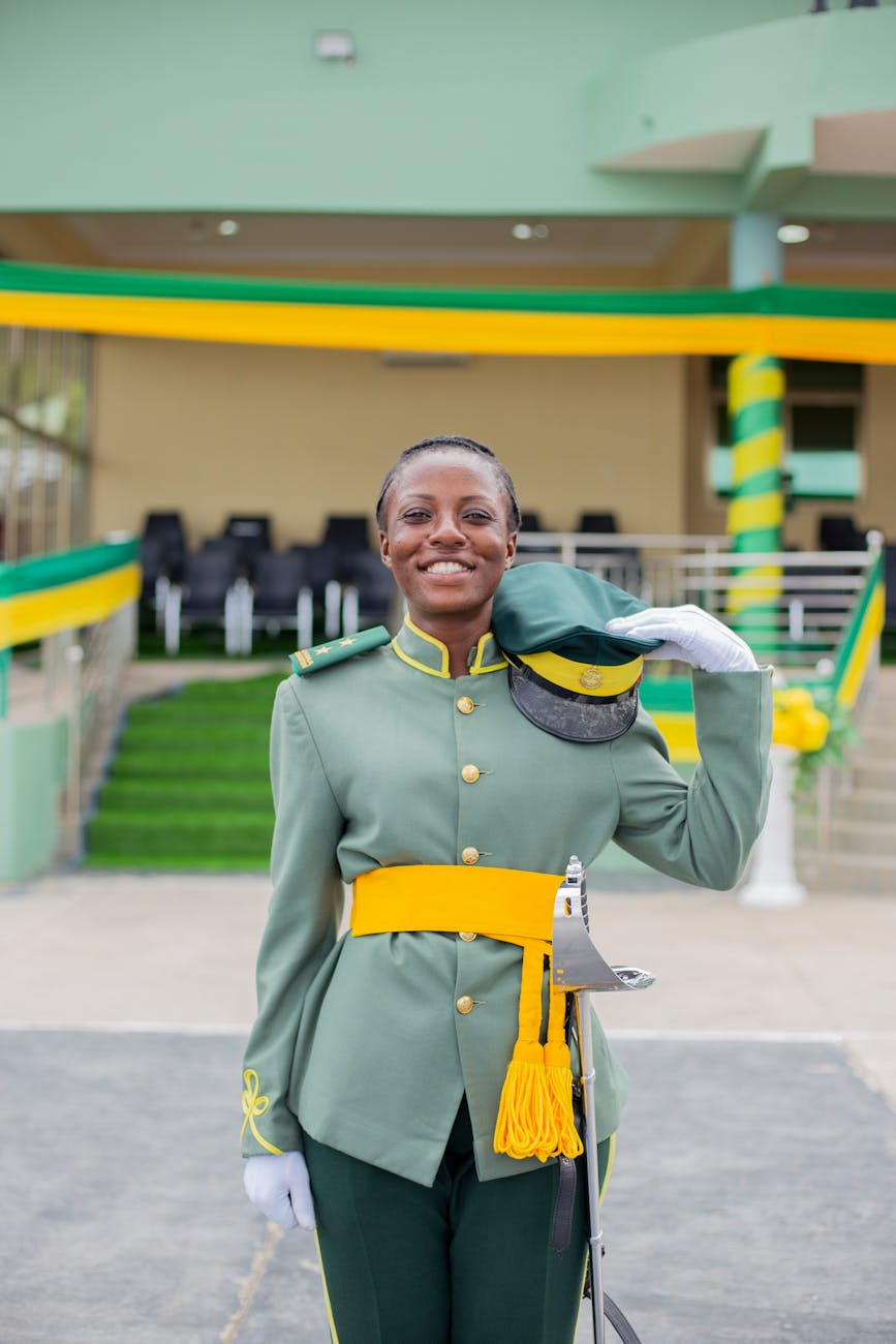 smiling woman in formal military uniform