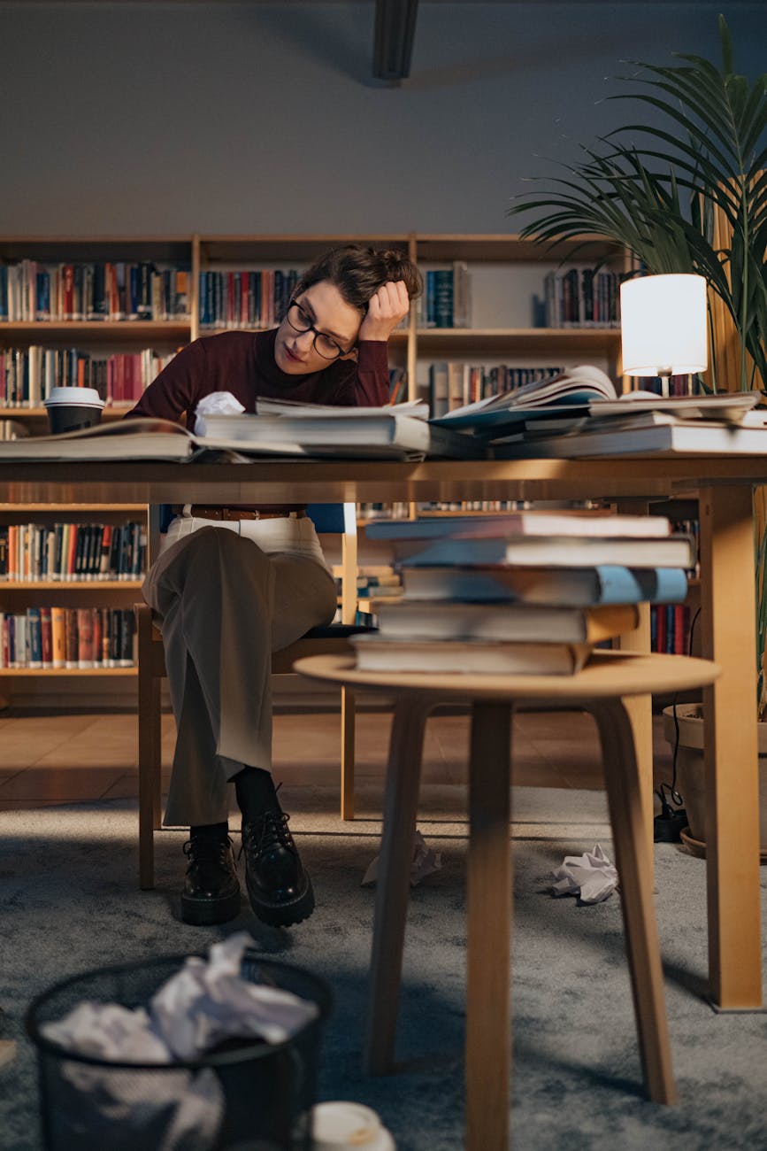 woman working of her work desk with books on top