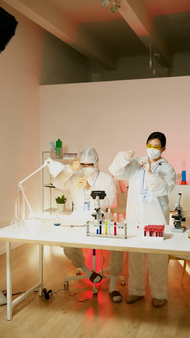 young scientists experimenting chemicals on test tubes in a laboratory
