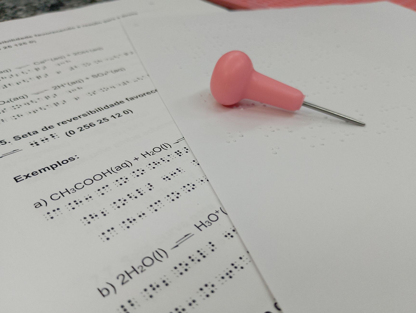 Braille chemistry sheet with pink pin for tactile learning.
