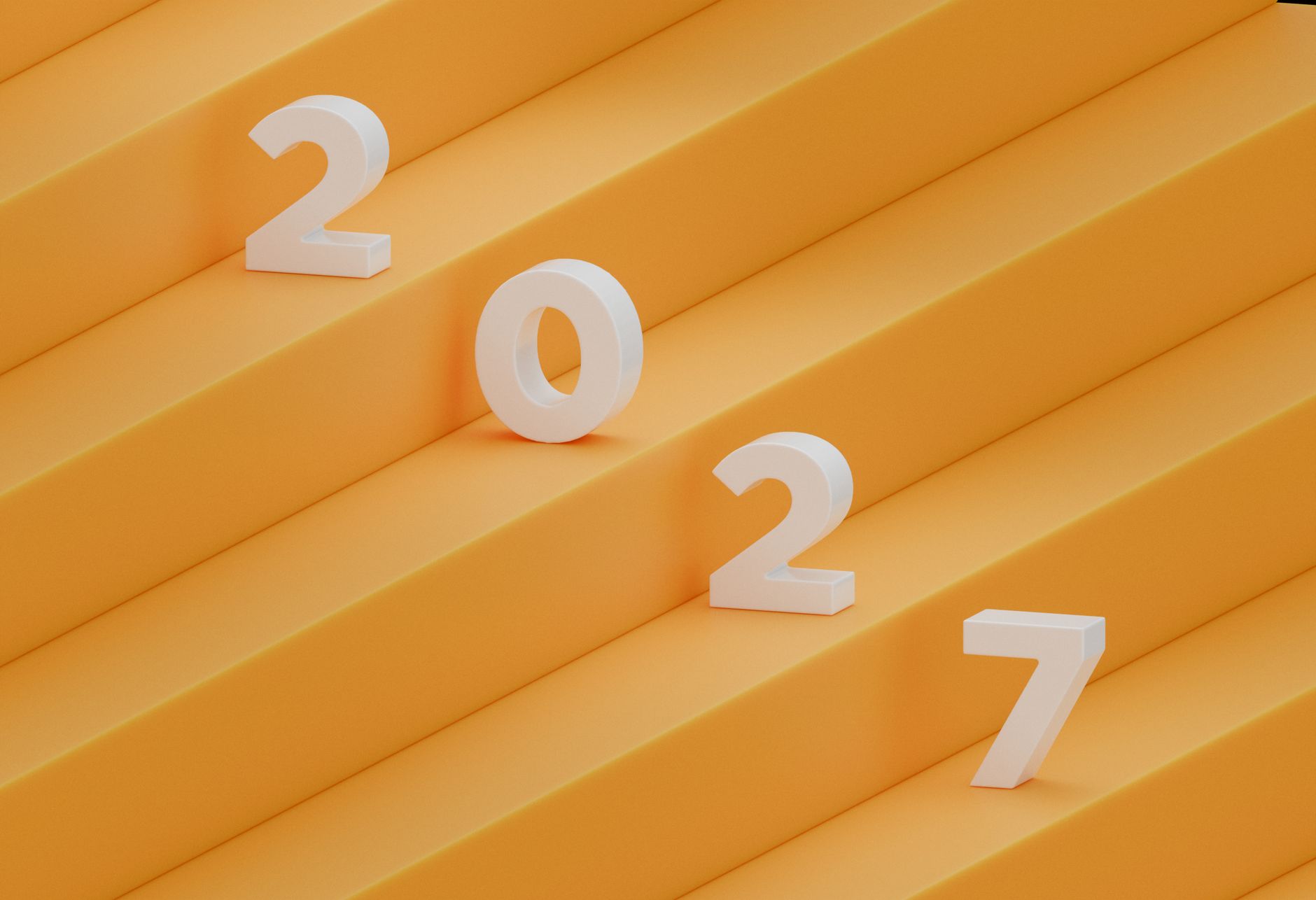 A contemporary 3D render of the year 2027 with bold white numbers on a yellow backdrop.