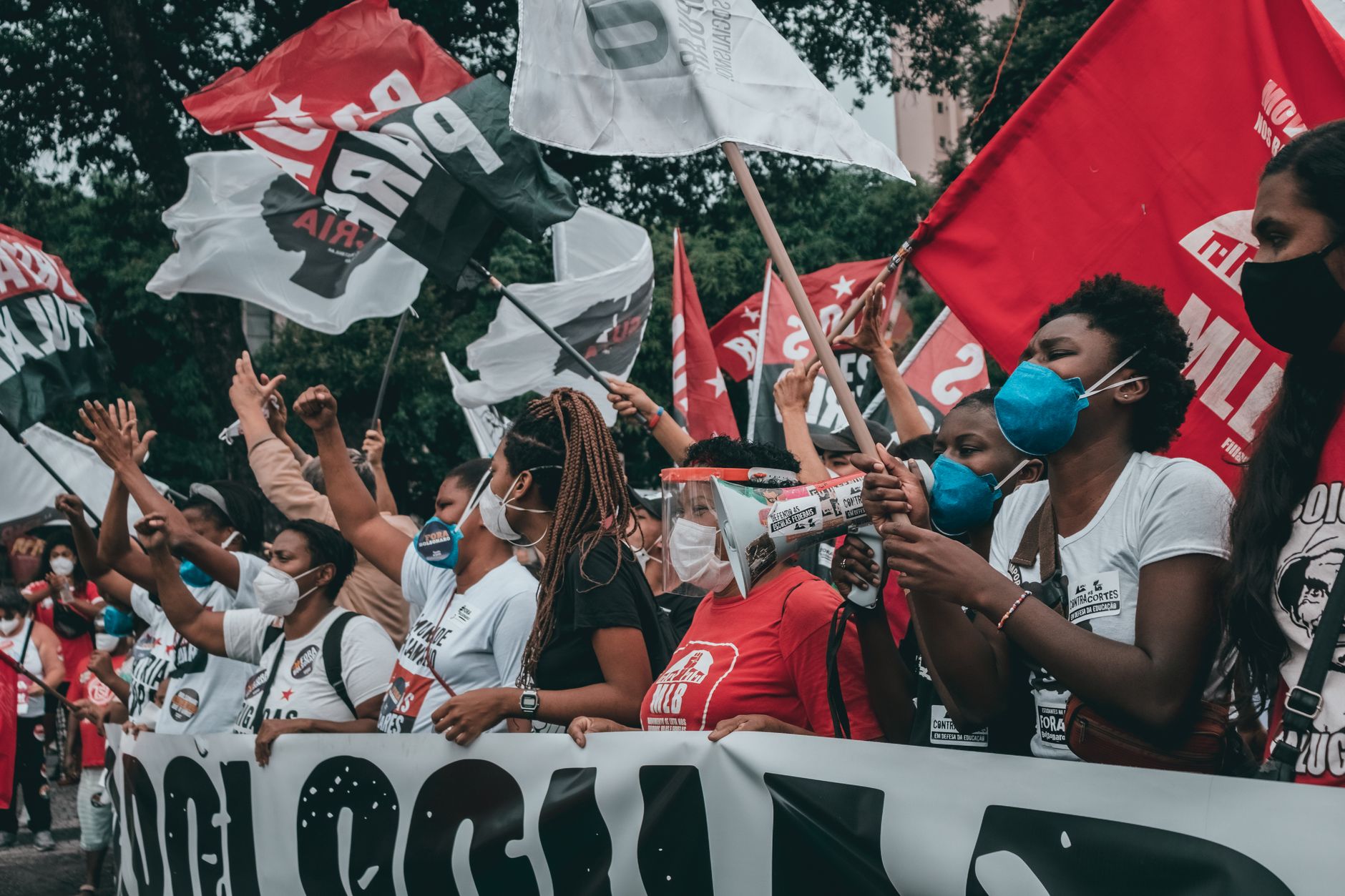 A diverse group of protesters in Rio de Janeiro with flags and banners advocating for equal rights.