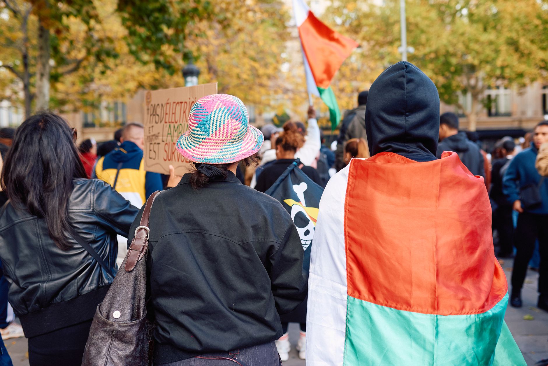 A diverse crowd participates in a peaceful protest in Paris, featuring Malagasy flags and vibrant autumn colors.